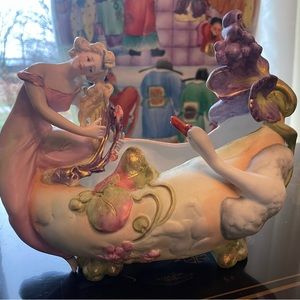 Bisque Figurine Planter with a Lady and Swan